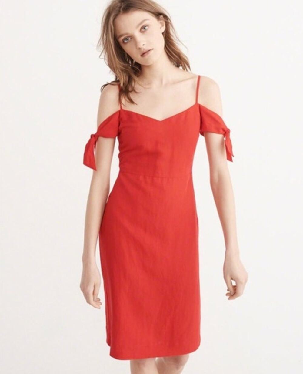 Abercrombie & Fitch Off The Shoulder Tie Midi Dress Linen Blend Sweetheart, Red
